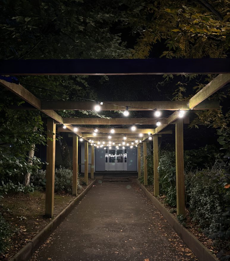 Pathway with string lights at night.