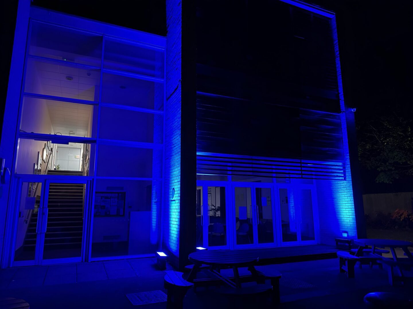 Building illuminated with blue lights at night.